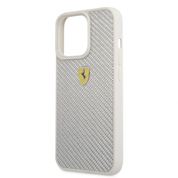 Ferrari iPhone 13 Pro Max Cover Ægte Carbon Metal Logo Sølv