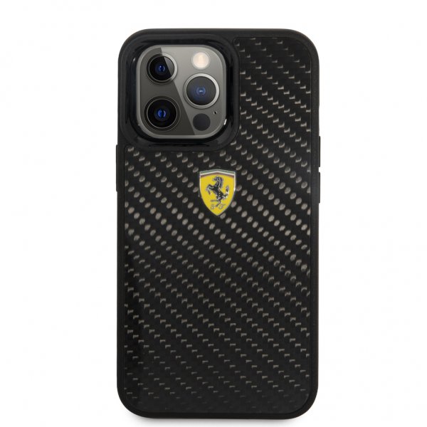 Ferrari iPhone 13 Pro Max Cover Ægte Carbon Metal Logo Sort