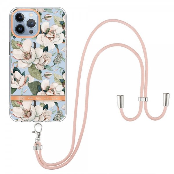 iPhone 13 Pro Cover Blomstermønster Rem Grøn Gardenia