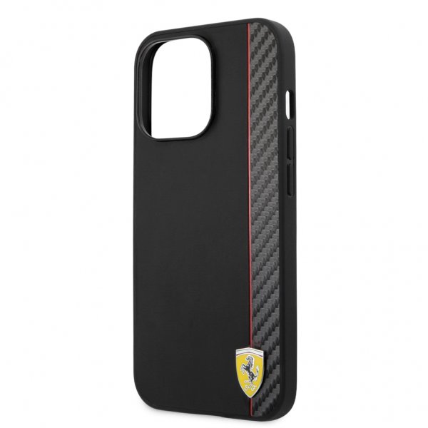 Ferrari iPhone 13 Pro Cover Carbon Effect Metal Logo Vertikal Stribe Sort