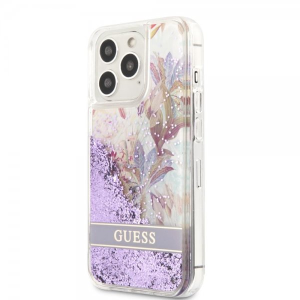 Guess iPhone 13 Pro Cover Liquid Glitter Flower Pattern Lilla