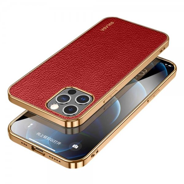 Sulada iPhone 13 Pro Cover Litchi-mønster Plating Kant Rød