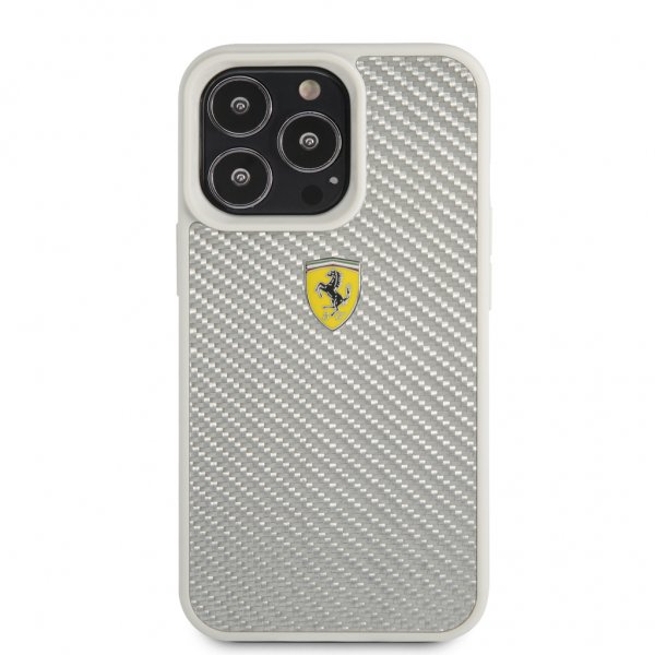 Ferrari iPhone 13 Pro Cover Ægte Carbon Metal Logo Sølv