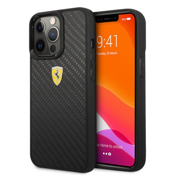 Ferrari iPhone 13 Pro Cover Real Carbon Metal Logo Sort