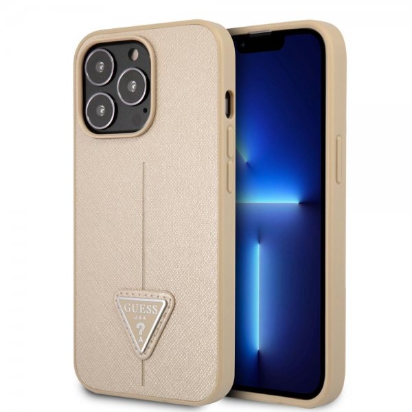 Guess iPhone 13 Pro Cover Saffiano Metal Triangle Beige