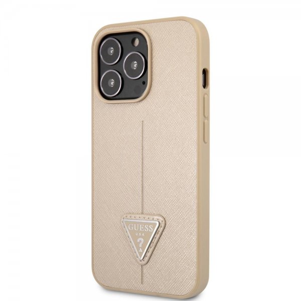 Guess iPhone 13 Pro Cover Saffiano Metal Triangle Beige