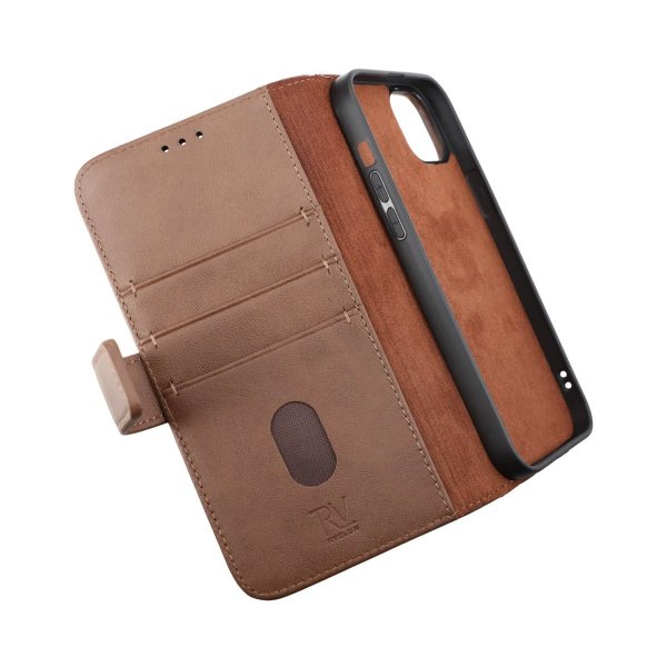 Rvelon iPhone 14 Cover Ægte læder Kortrum Brun