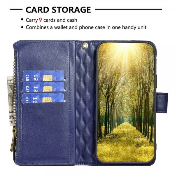 iPhone 14 Plus Cover Rhombusmønster Lynlås Blå