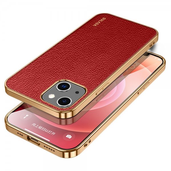 Sulada iPhone 14 Plus Cover Litchi Mønster Belagt Kant Rød
