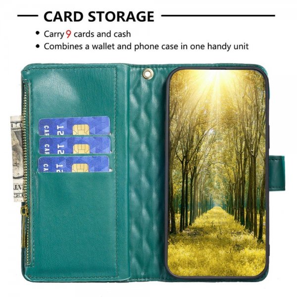 iPhone 14 Pro Cover Rombemønster Lynlås Grøn