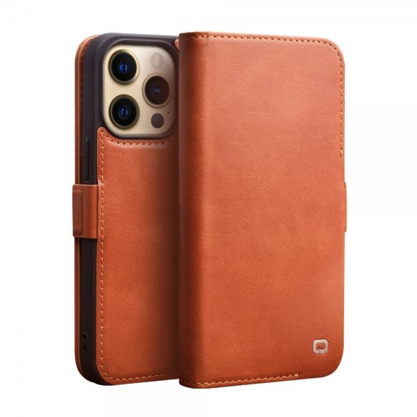 Qialino iPhone 14 Pro Max Etui Ægte Læder Brun