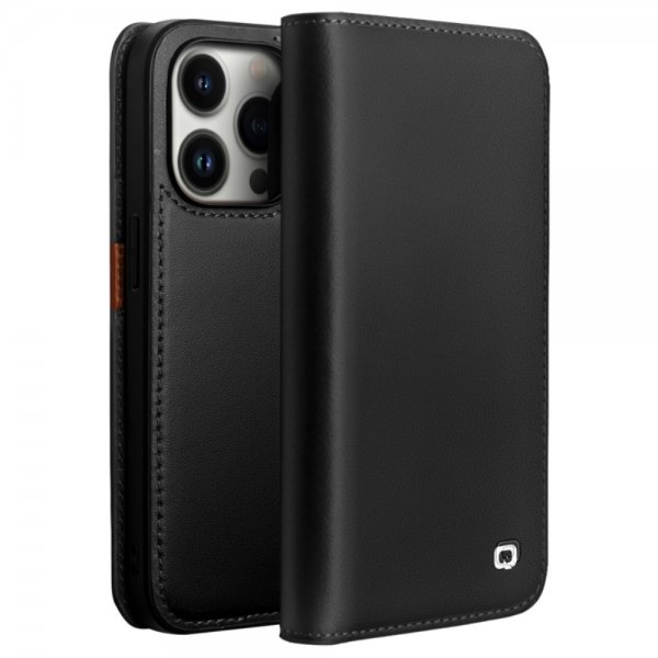 Qialino iPhone 14 Pro Max Etui Ægte Læder Sort