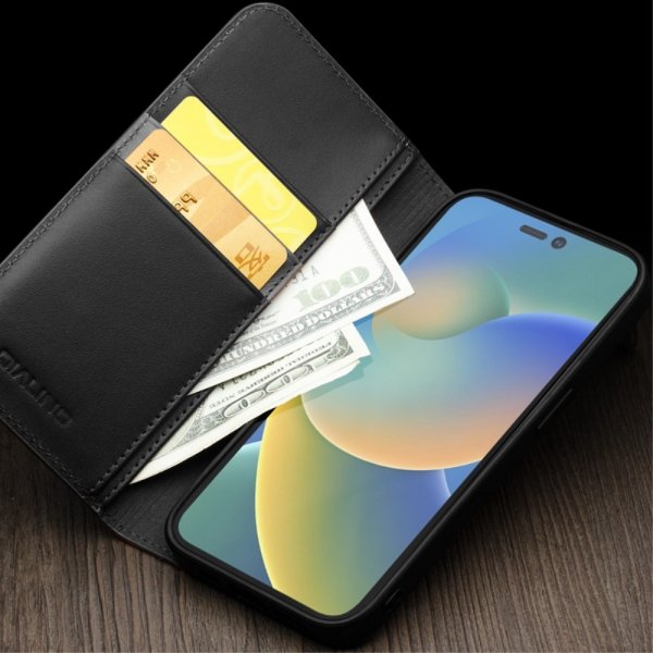 Qialino iPhone 14 Pro Max Etui Ægte Læder Sort