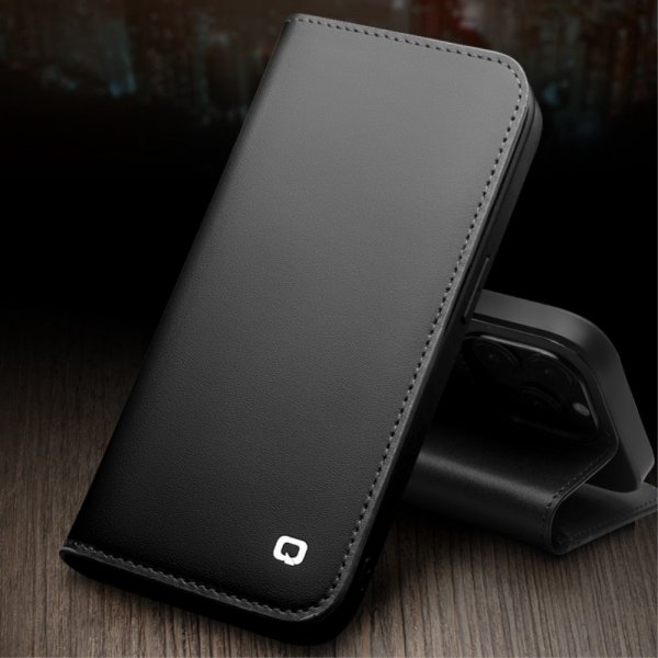 Qialino iPhone 14 Pro Max Etui Ægte Læder Sort