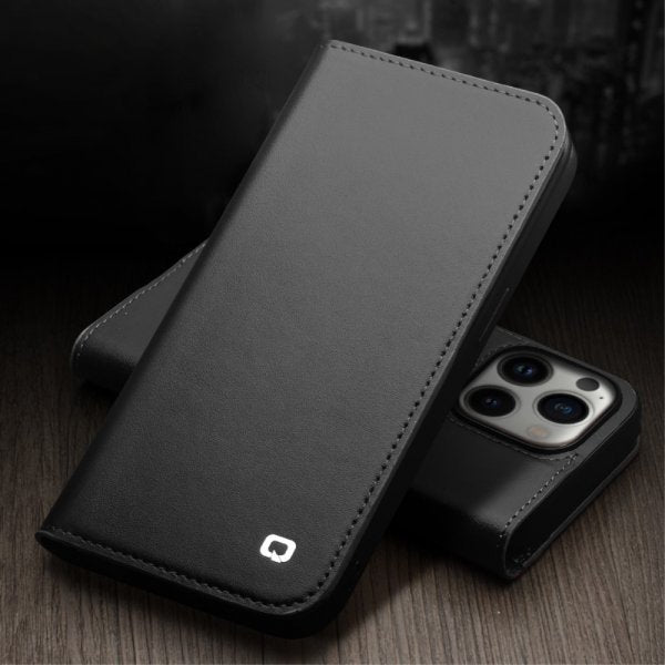 Qialino iPhone 14 Pro Max Etui Ægte Læder Sort