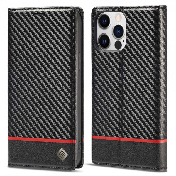 Lc.Imeeke iPhone 14 Pro Max Cover Kulfibertekstur Rød Stribe Horisontal