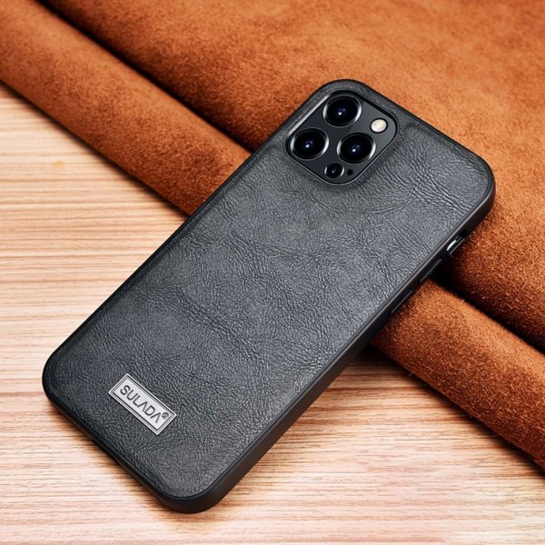Sulada iPhone 14 Pro Max Cover Lædertekstur Sort