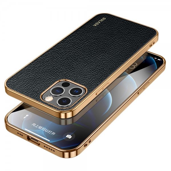 Sulada iPhone 14 Pro Max Cover Litchimønster Forgyldt Kant Sort
