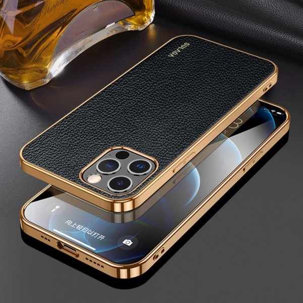 Sulada iPhone 14 Pro Max Cover Litchimønster Forgyldt Kant Sort