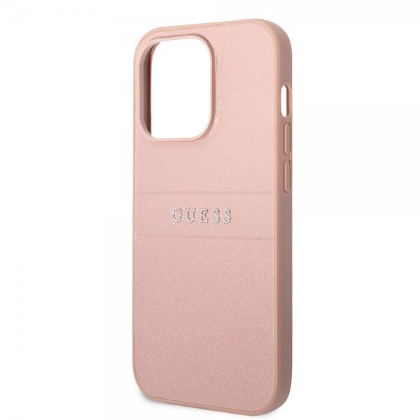 Guess iPhone 14 Pro Max Cover Saffiano Metal Logo Stripes Rosa