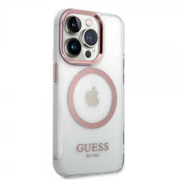 Guess iPhone 14 Pro Max Cover Transparent MagSafe Rosa Transparent