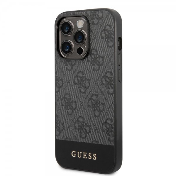 Guess iPhone 14 Pro Cover Bottom Stripe Metal Logo Grå