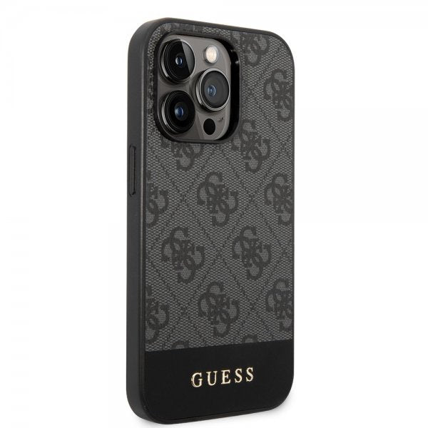 Guess iPhone 14 Pro Cover Bottom Stripe Metal Logo Grå