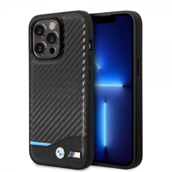 BMW iPhone 14 Pro Cover Carbon Effect Printed Logo Sort