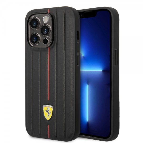 Ferrari iPhone 14 Pro Cover Embossed Stripes Rød