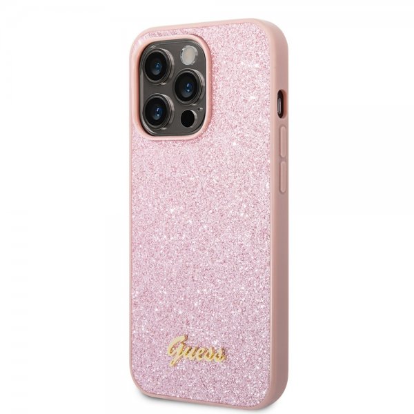 Guess iPhone 14 Pro Cover Glitter Flakes Metal Logo Rosa