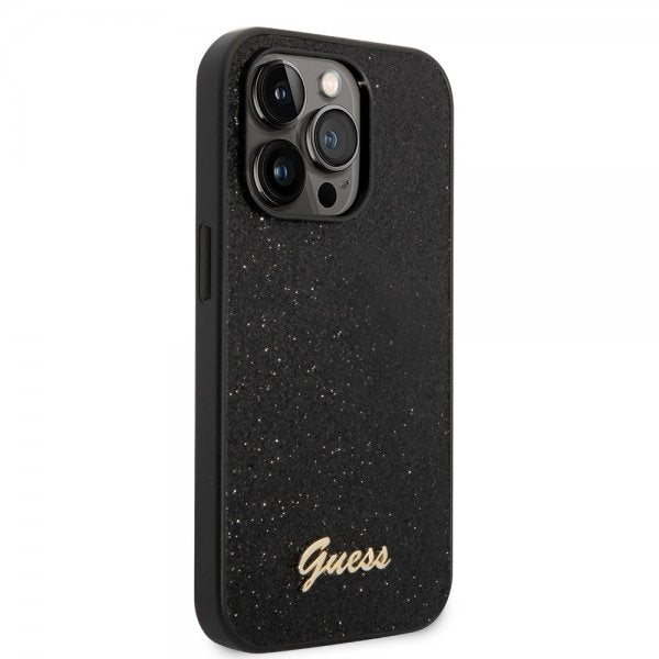 Guess iPhone 14 Pro Cover Glitter Flakes Metal Logo Sort