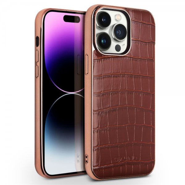 Qialino iPhone 14 Pro Cover Krokodillemønster MagSafe Brun