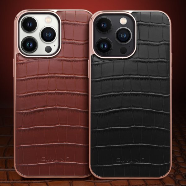 Qialino iPhone 14 Pro Cover Krokodillemønster MagSafe Sort