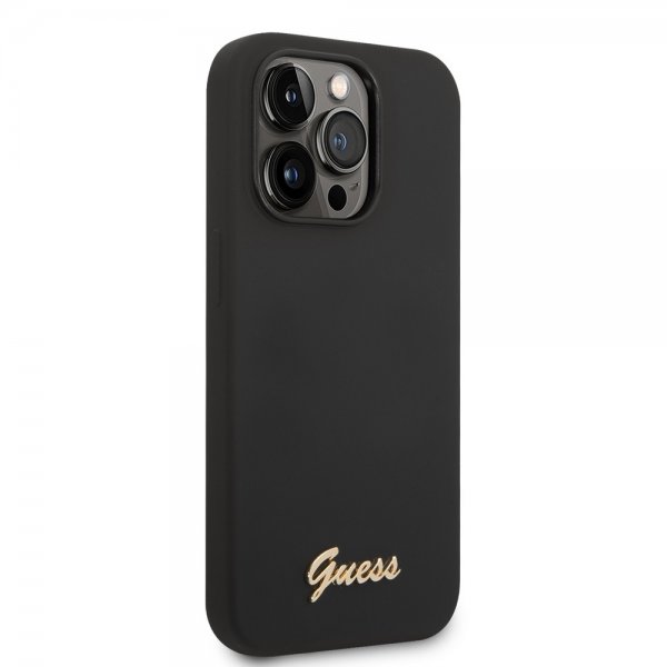 Guess iPhone 14 Pro Cover Flydende Silikone Metallogo Sort