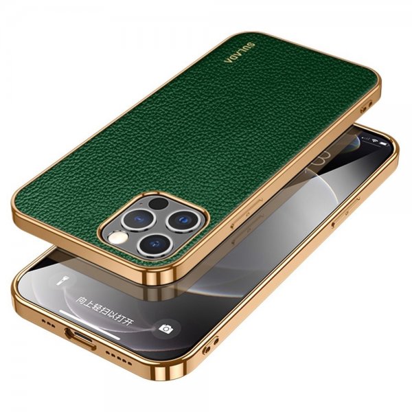 Sulada iPhone 14 Pro Cover Litchimønster Plateret Kant Grøn