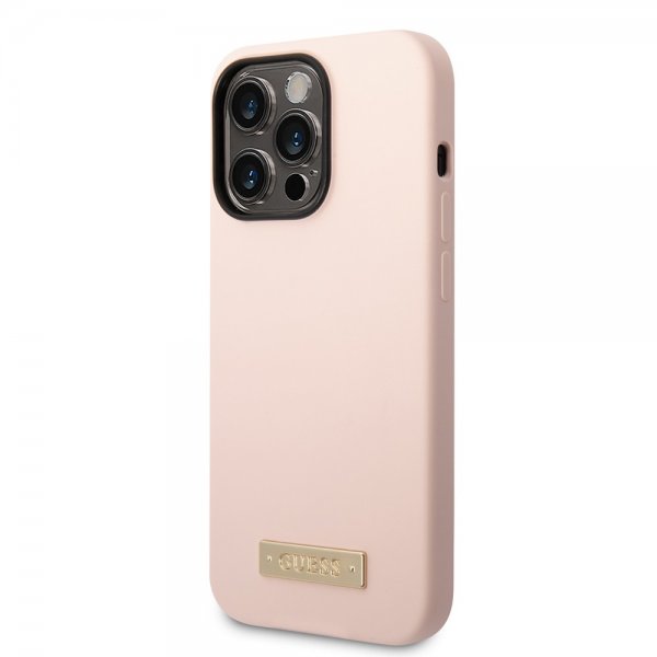 Guess iPhone 14 Pro Cover Silicone Metal Plate MagSafe Pink