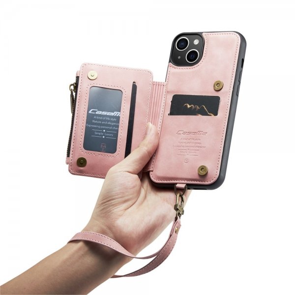 CaseMe iPhone 14 Cover C20 Kortlomme Lynlås Rosa