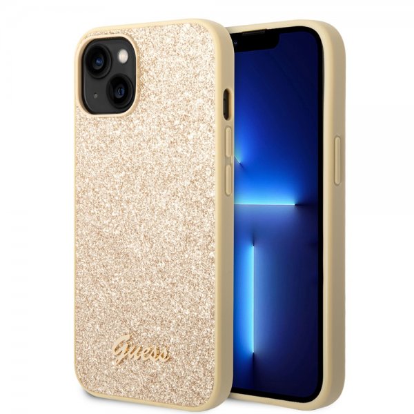 Guess iPhone 14 Cover Glitter Flakes Metal Logo Guld