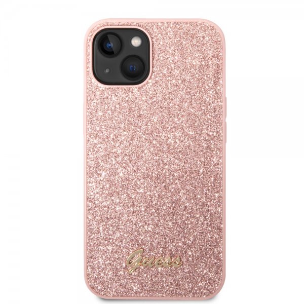 Guess iPhone 14 Cover Glitter Flakes Metal Logo Rosa