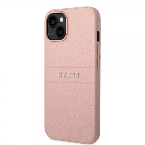 Guess iPhone 14 Cover Saffiano Metal Logo Stripes Rosa