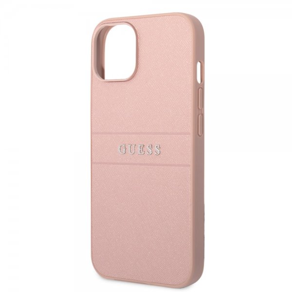 Guess iPhone 14 Cover Saffiano Metal Logo Stripes Rosa