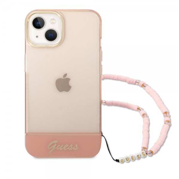 Guess iPhone 14 Cover Gennemsigtig med Rem Rosa