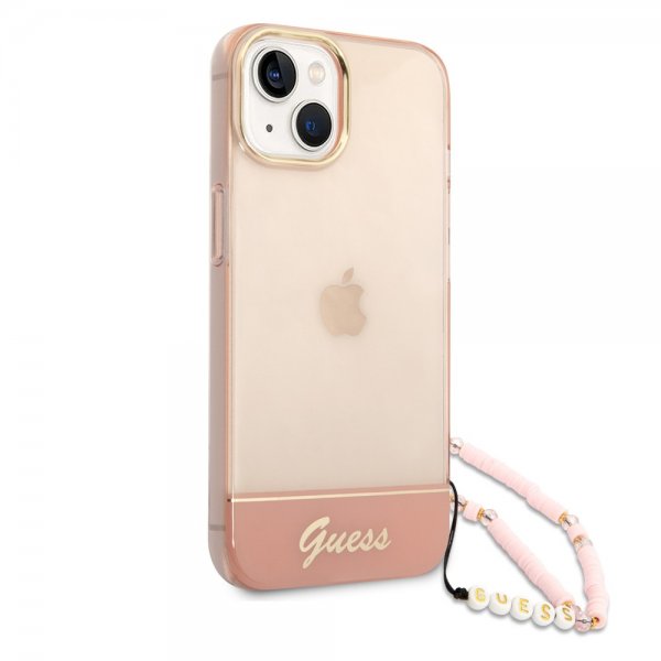 Guess iPhone 14 Cover Gennemsigtig med Rem Rosa