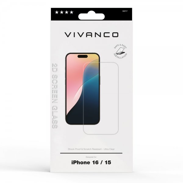 Vivanco iPhone 15/iPhone 16 Skærmbeskyttelse Hærdet Beskyttelsesglas 9H