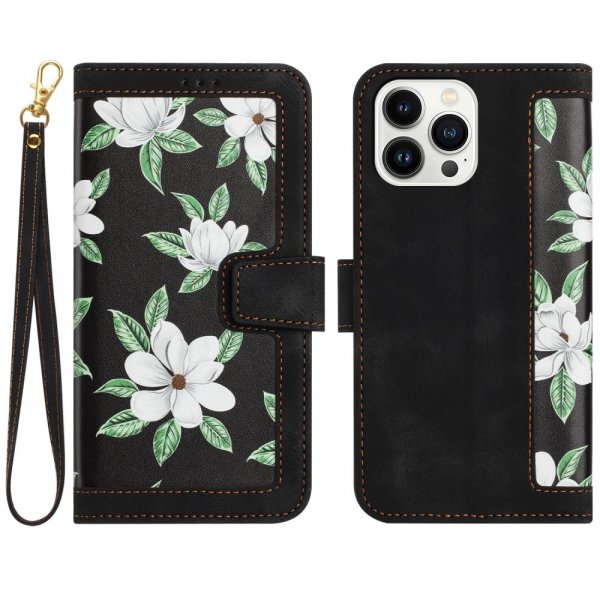 iPhone 15 Plus Etui Blomstermønster Sort