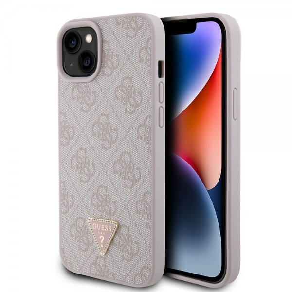 Guess iPhone 15 Plus Cover 4G Metal Triangle Strass Rosa