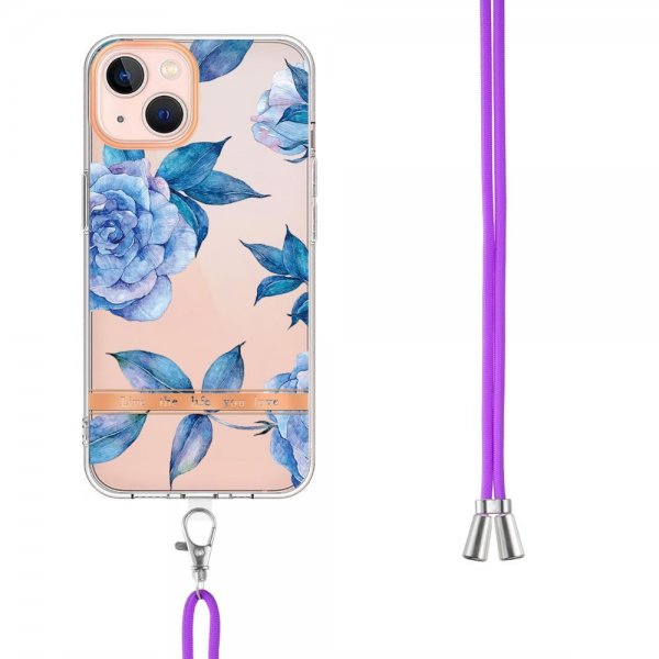 iPhone 15 Plus Cover Blomstermønster med Rem Blå Pæon