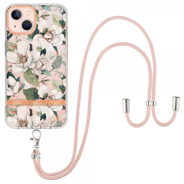 iPhone 15 Plus Cover Blomstermønster med Rem Grøn Gardenia