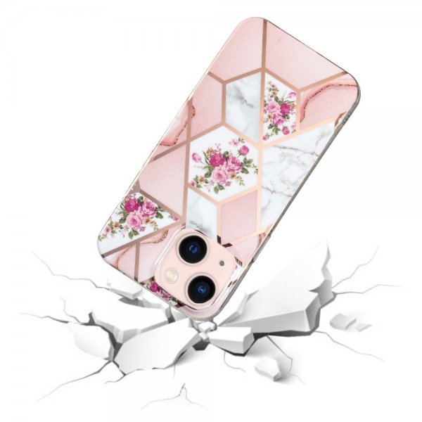 iPhone 15 Plus Cover Marmormønster Blomster Rosa