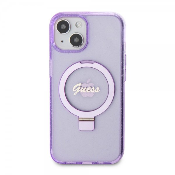 Guess iPhone 15 Plus Cover Ring Stand Glitter MagSafe Lilla